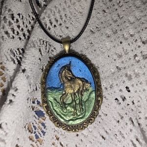 Bronze Unicorn Cameo In Bronze Tone Metal Frame 16-18 Adjustable Cord Necklace